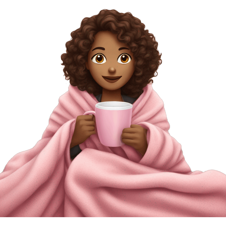 Brunette girl with curly hair in a cozy pink blanket while drinking coffee emoji