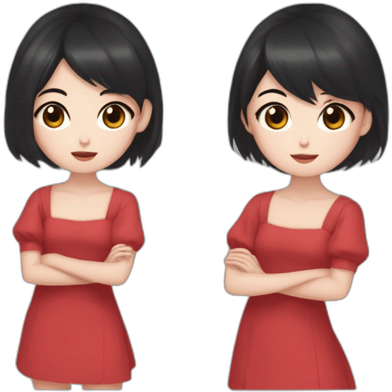 Girl with two moles below her right eye straight mily black hair siren eyes black eyes red dress asian korean emoji