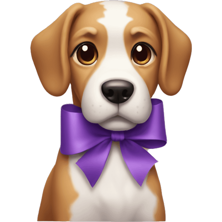 a dog with a ribbon on it and with purple cake emoji