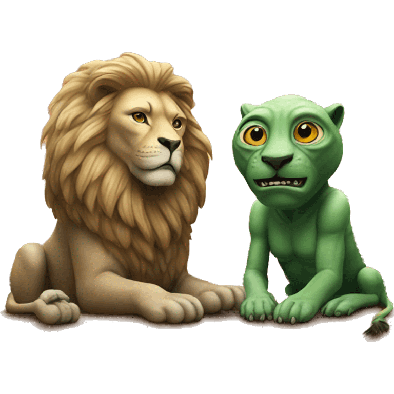 Two aliens observing a lion emoji