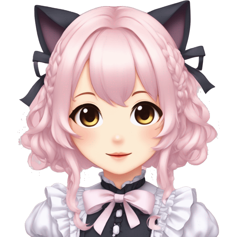 Gorgeous anime style catgirl with blushing face with maid outfit laces gothic Lolita idol model kawaiicore pastelcore cottagecore pearly petite simplistic aesthetic trending style emoji