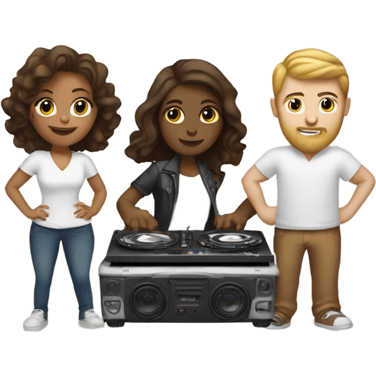 a white girl, a brown girl, and a white guy behind DJ turntables together emoji