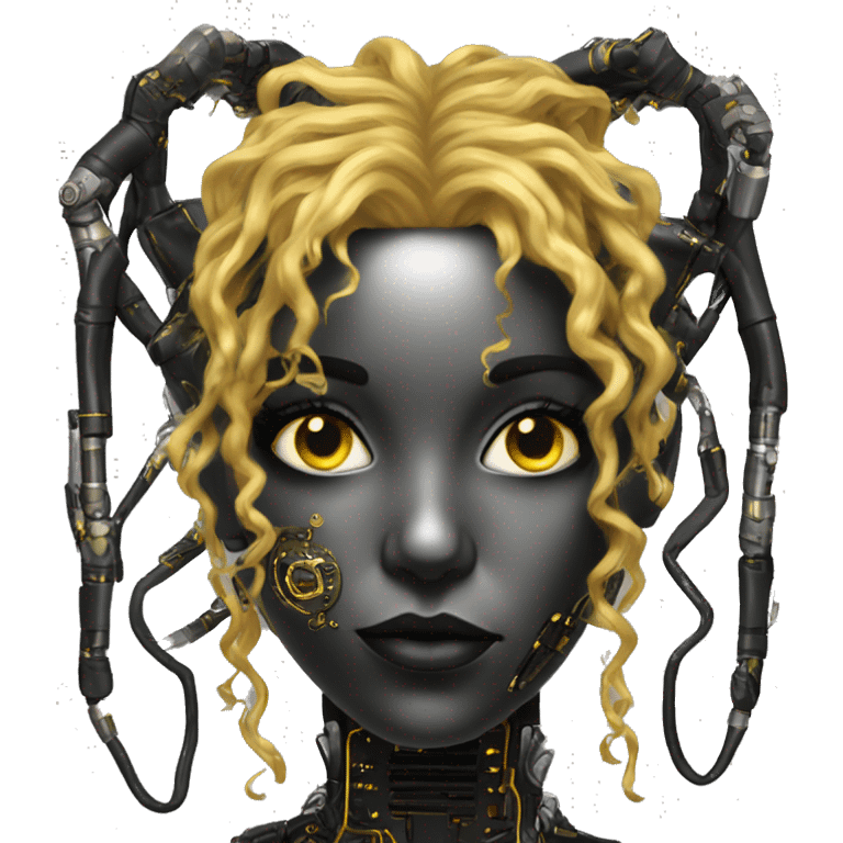 black metal female cyborg head with circuitry and yellow gold curly hair emoji