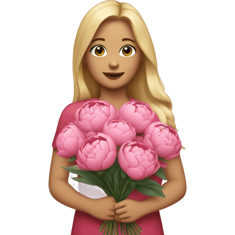 Girl with blond hair holding a bouquet of peonies emoji