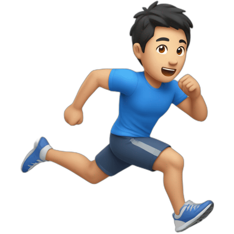 an asian man with red shirt and blue short running fast on grass land emoji