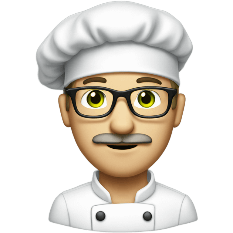 Man with light brown hair, green eyes, mustache, long face, light skin, and glasses wearing a chef hat emoji