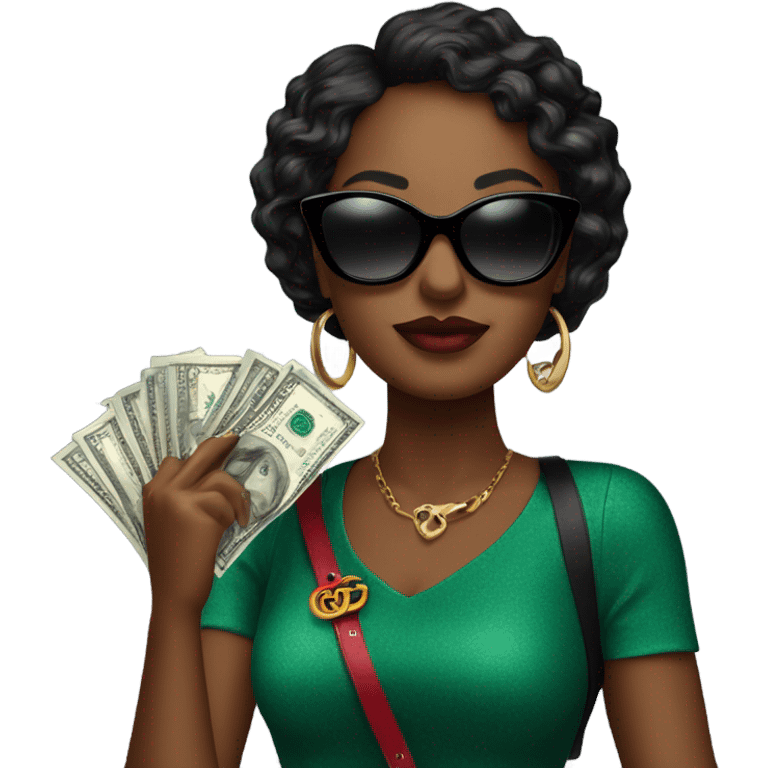 Create a black diva with sunglasses on holding a Gucci bag with money emoji