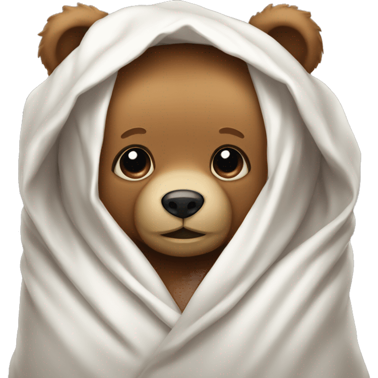 A teddy bear with a white blanket wrapped around it emoji