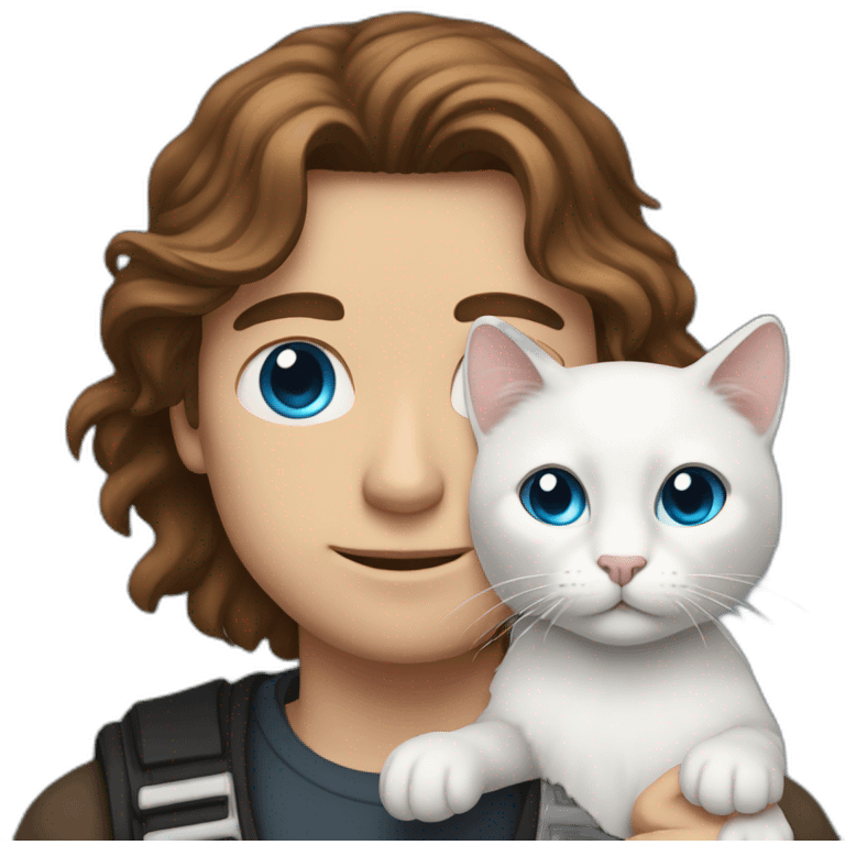 a white guy with blue eyes and long brown hair holding his white black cat emoji