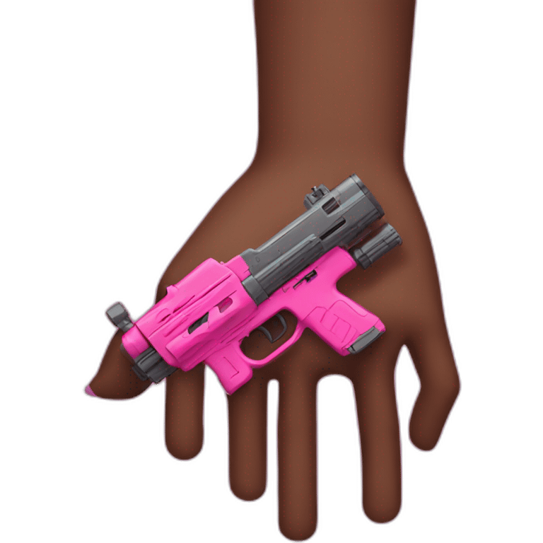 brown hand with pink nails holding large scary dark nerf gun emoji