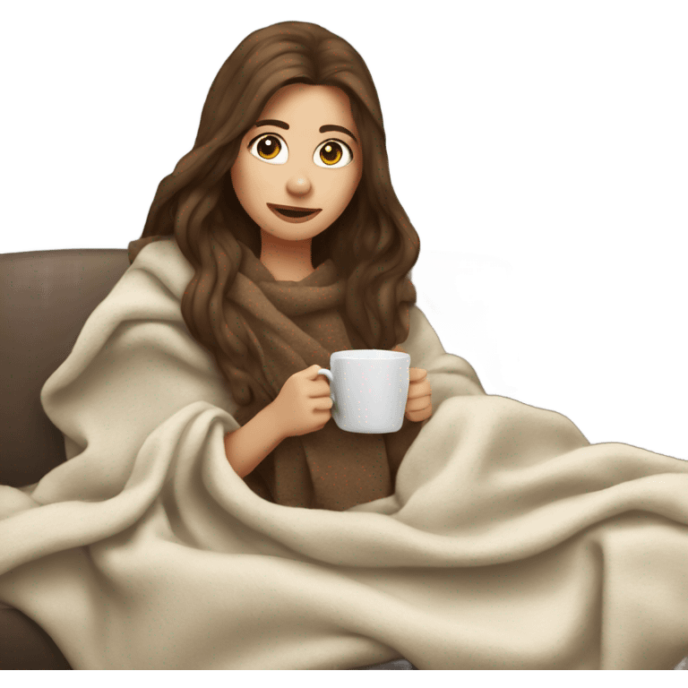 Brown hair Girl drinking coffee, with a cozy blanket emoji