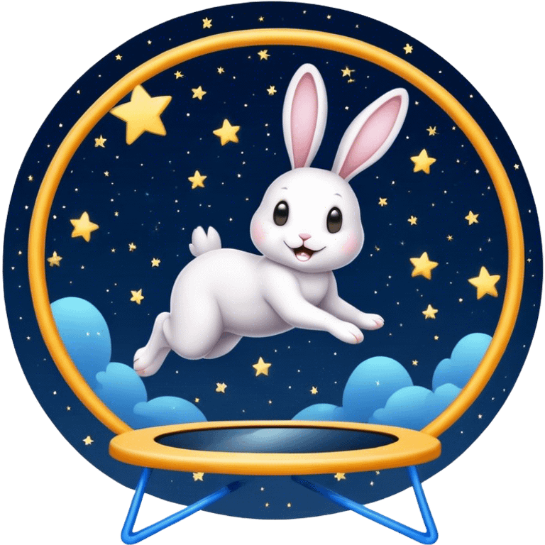 rabbit jumping on trampoline with starry sky and mirror emoji