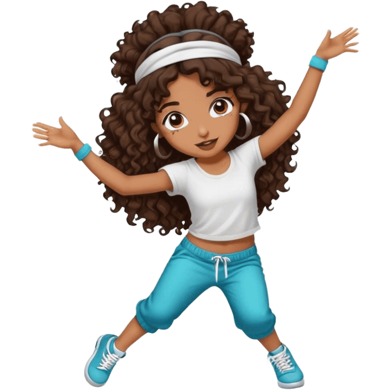 Dancing brown girl with long darn brown curly hair with headband hip hop emoji