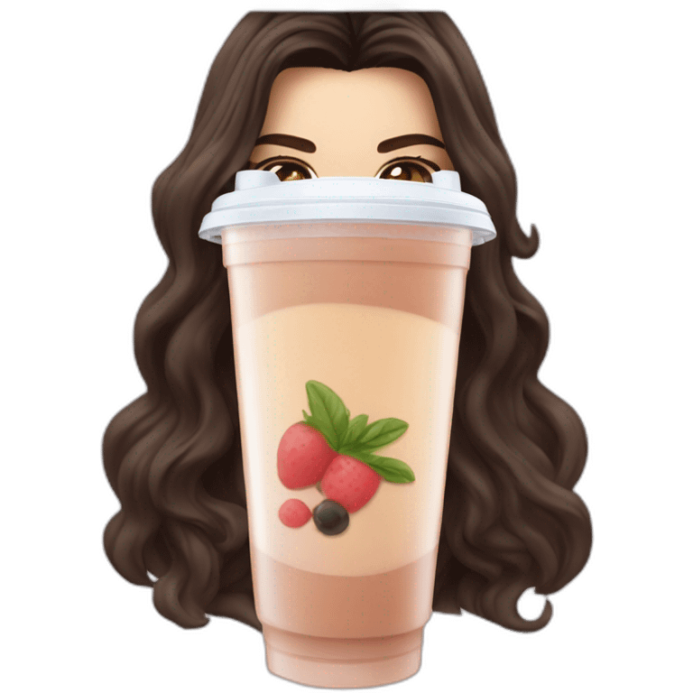 brunette Kendall Jenner with long hair holding bubble tea emoji