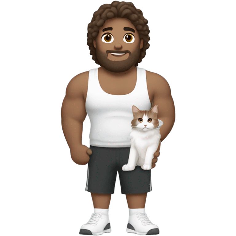 big gym guy with brown hair holding a white maine coin cat emoji