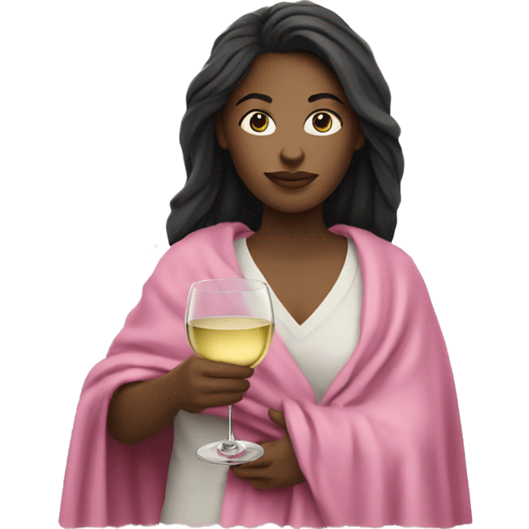 white girl with dark hair a glass of white wine wearing a pink shirt and wrapped in blanket emoji