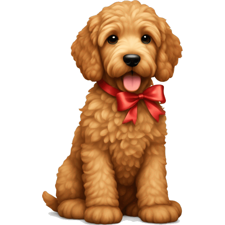 Ginger golden doodle. Baby. Full body sitting down. Red ribbon  emoji