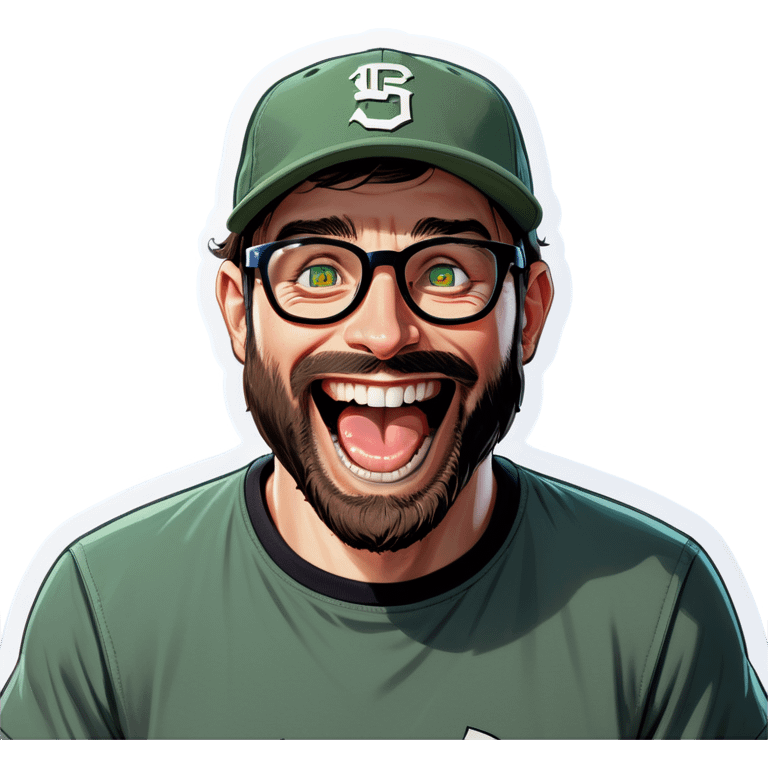 A man with a grey baseball cap, green eyes, big dark brown beard and glasses, laughing out loud  emoji