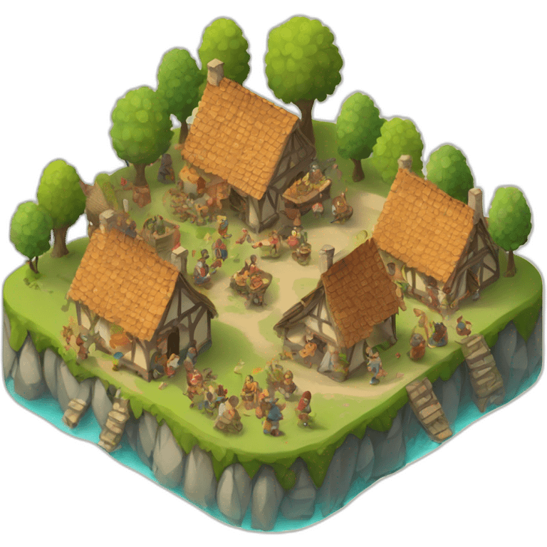 isometric view of a medieval village, festival mood, celebration, people celebrating emoji