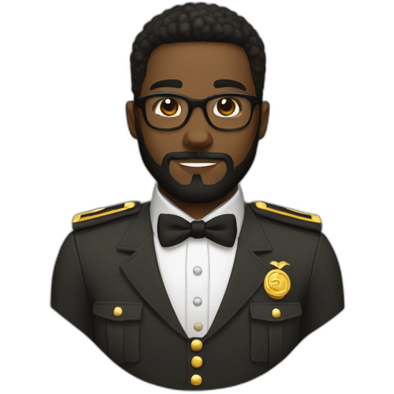 black soldier with beard, part in hair, white collared shirt, bow tie, gold glasses, bulletproof vest  emoji