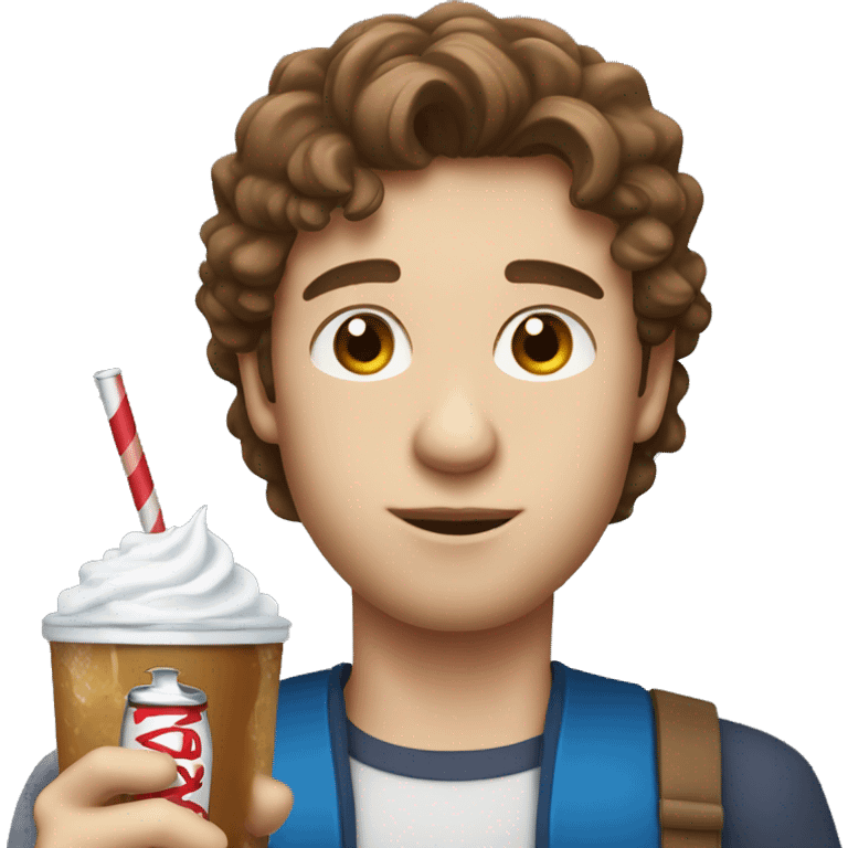 male portrait with brown hair and blue eyes drinking a diet cream soda  emoji