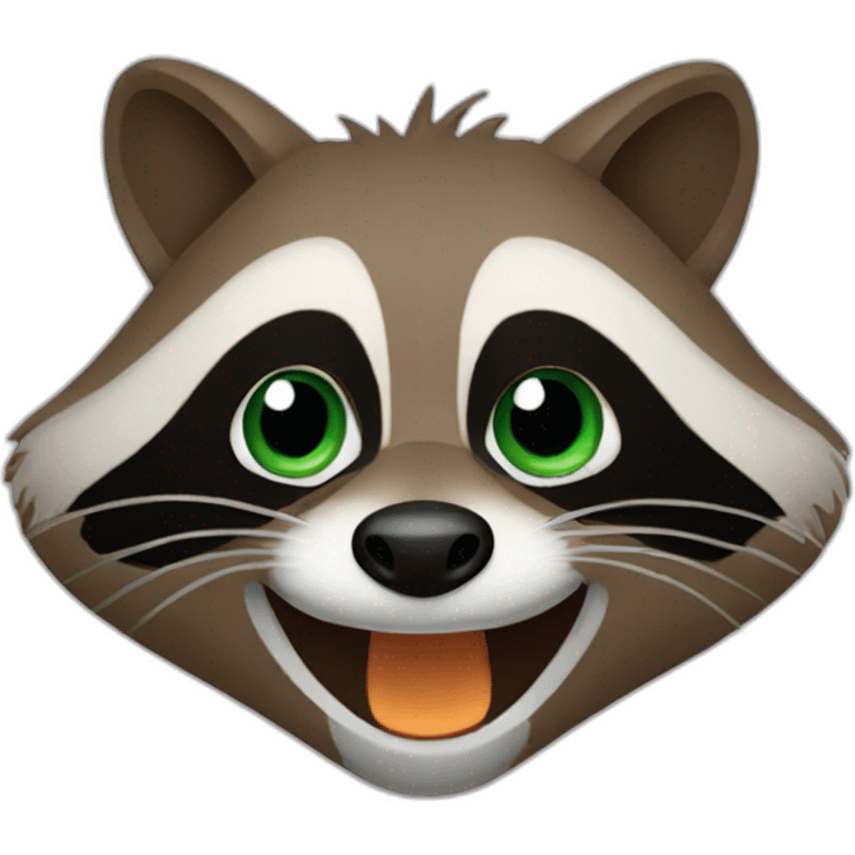 brown raccoon with orange eyes and a dark green hood that is laughing emoji