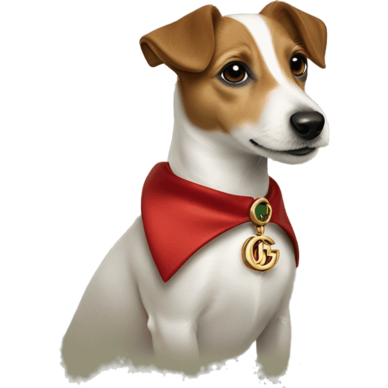 one year old jack russell terrier light brown wearing gucci gold green and red GG more gucci emoji