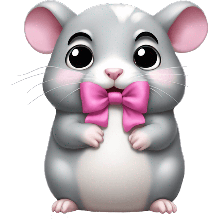 A full-body grey sad crying hamster with huge eyes a pink bow on head emoji