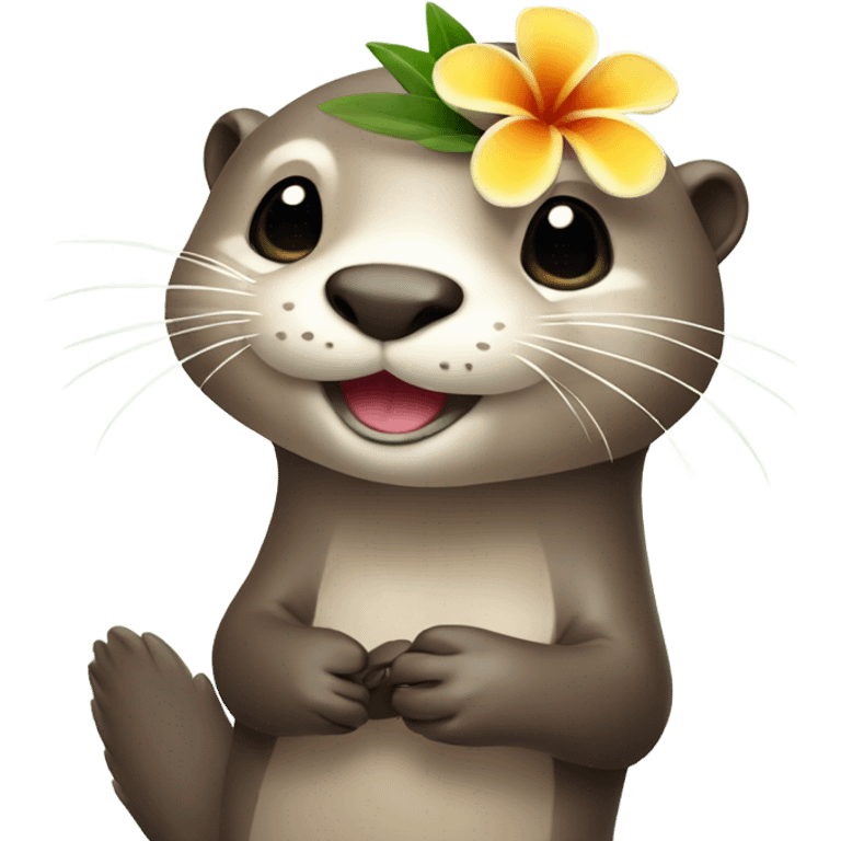 A happy and cute otter face holding a Hawaiian flower emoji