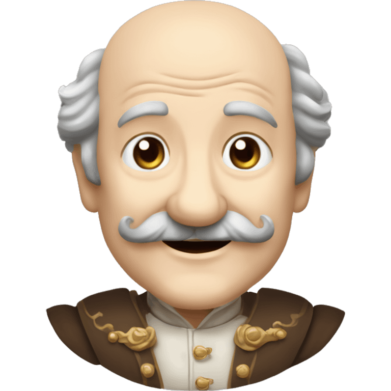 Short pudgy old man over enthusiastic happy excited face bald forehead long wavy gray and brown brunette long wavy hair moustache Shakespearean dress vintage clothes hamlet small arms emoji