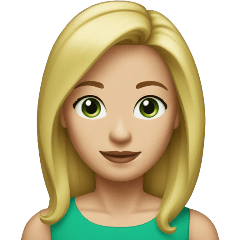 blonde hair 50 year old woman, shoulder length straight hair, blue eyes, green dress emoji