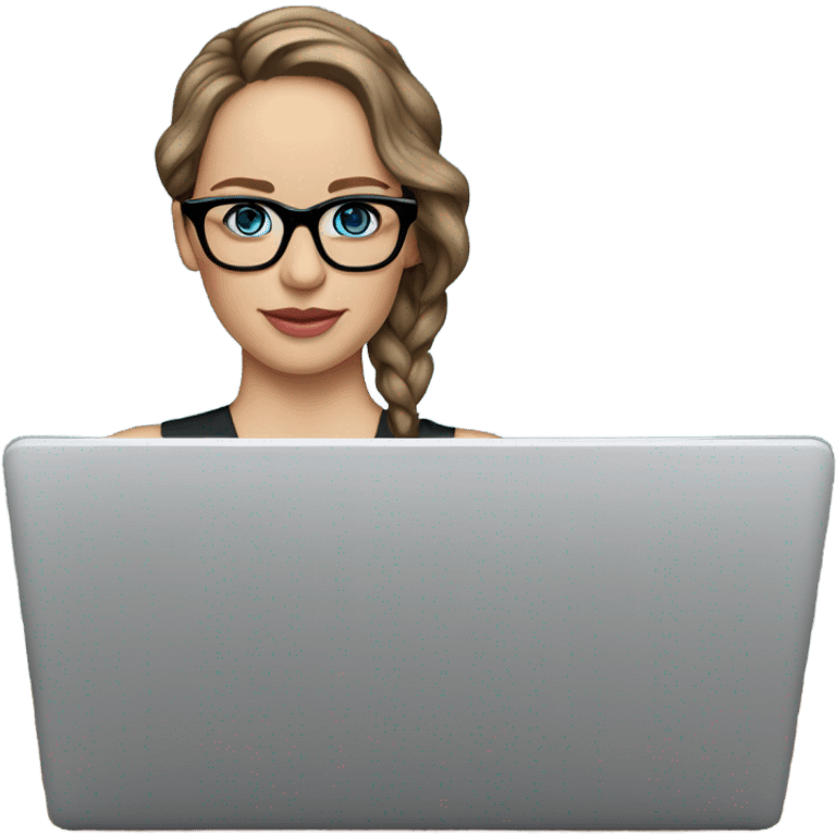 Hyper Realistic Photo of Brunette Jennifer Lawrence wearing black glasses and blue eyes  on a laptop  emoji