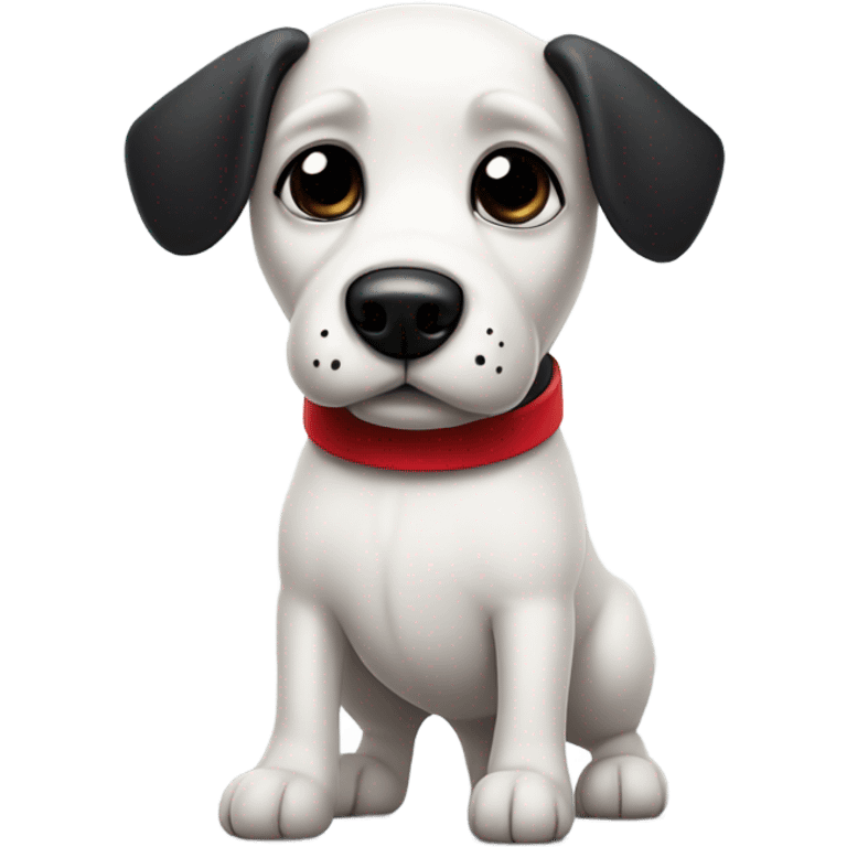 A cute white dog with black ears and a black splotch marking on its back with a red collar and it’s standing up emoji