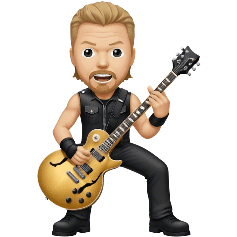 Create a bold and energetic emoji representing James Hetfield with his iconic guitar. The design should feature James Hetfield holding his famous ESP Explorer guitar, known for its sharp, angular body shape. The emoji should convey a sense of power and energy, with James positioned in a strong, rockstar pose, playing with passion. Add subtle elements like a microphone stand, amplifier, or stage lighting to reflect the live performance vibe. Use dark, metallic colors like black, silver, and red, reflecting the heavy metal aesthetic. The background should be transparent. emoji