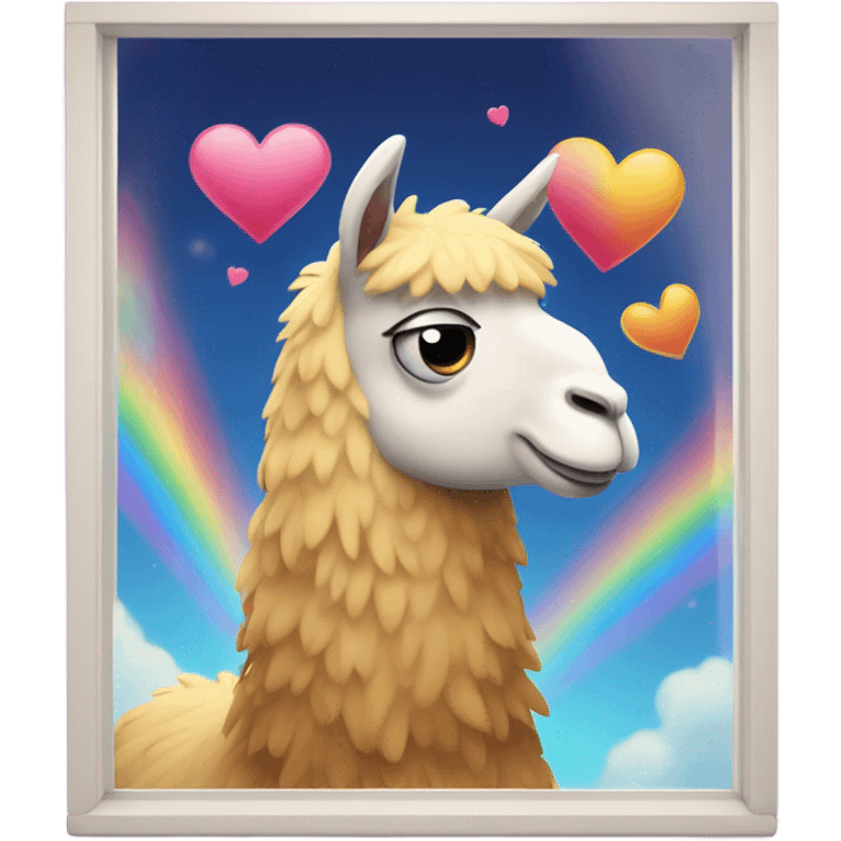 Sad llama looking longingly out a window with hearts and rainbows emoji