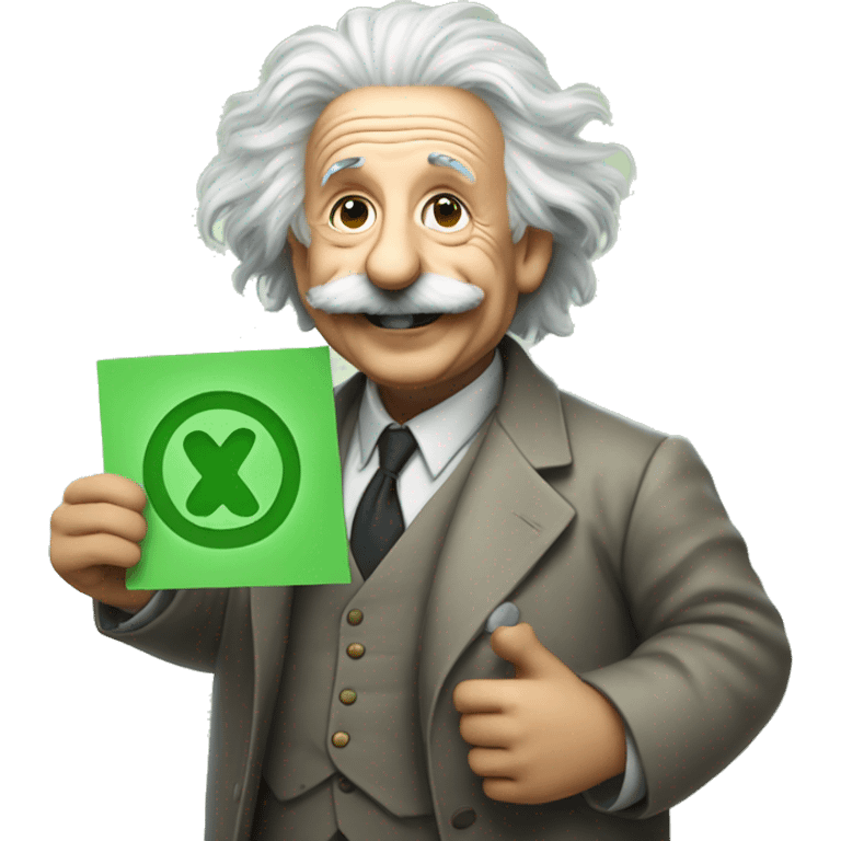 happy albert einstein holding green check mark in one hand emoji