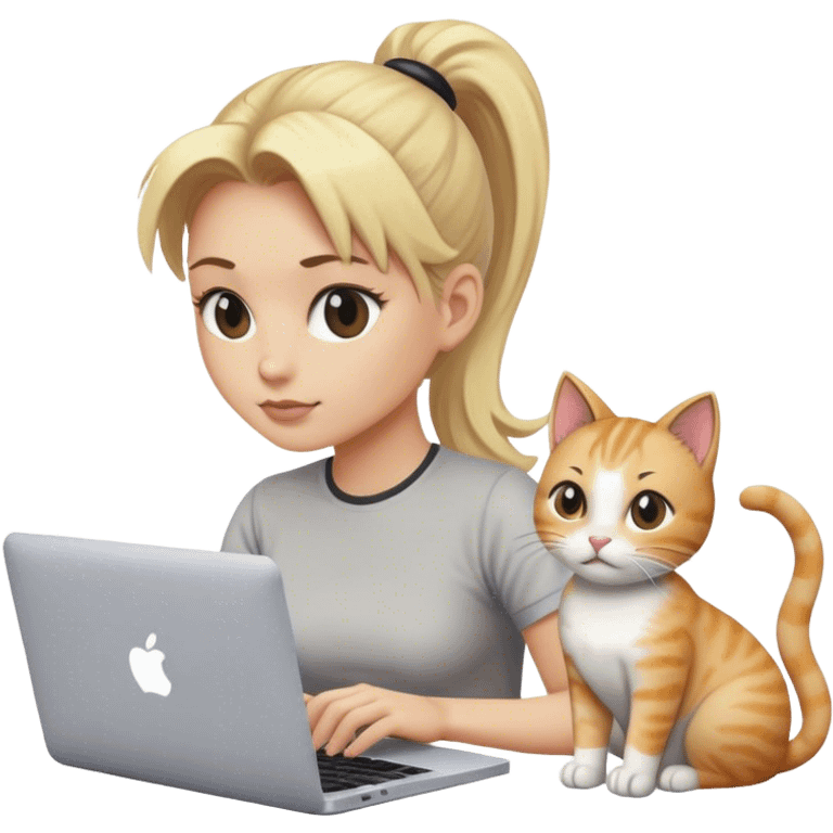 Blonde woman ponytail with MacBook and cat emoji