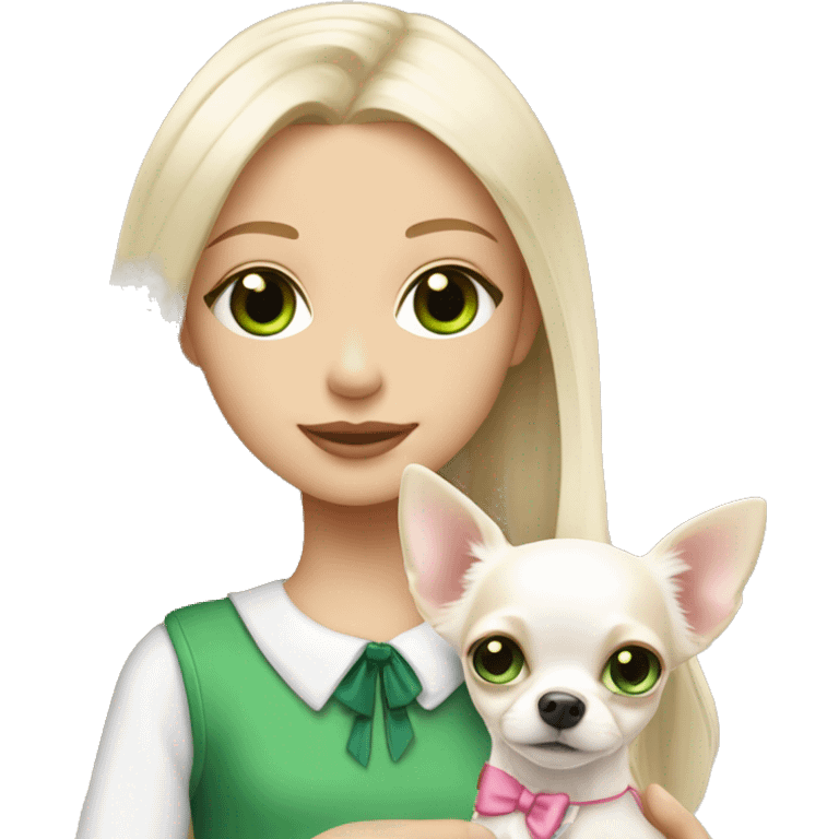 pale blond girl with long platinum hair with green eyes holding a white chihuahua puppy that wearing a pink bow emoji