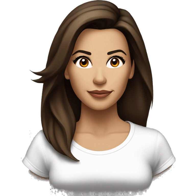 3/4 face, contrasted, shadow, light, Eva Longoria expression, standing from a distance, thin nose, brunette woman, hazel eyes, long eyelashes, dark shoulder shaded hair, white t-shirt, jeans, white sneakers emoji