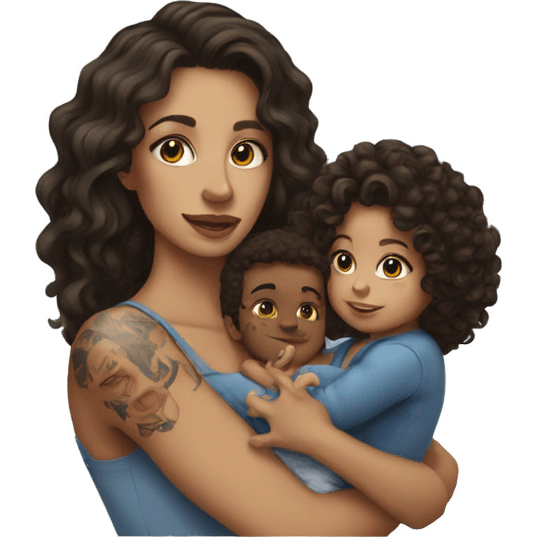  Brunette with tattoos on arm with long hair holding a baby boy with brunette curly hair  emoji