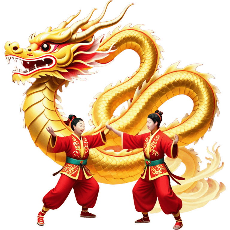 Cinematic Realistic scene of a Chinese Dragon Dance featuring performers energetically holding a vibrant dragon model aloft, with intricately detailed scales and dynamic flowing costumes, illuminated by festive red and gold lighting that captures the spirit of celebration. emoji