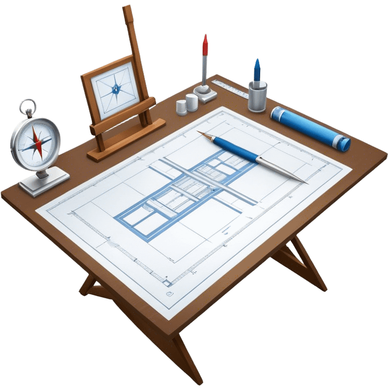 Create a sleek and modern icon representing Architecture, featuring elements like blueprints, a drafting table, and architectural tools (ruler, compass). The design should be visually sophisticated, clean, and professional, without any emojis. The background should be transparent emoji