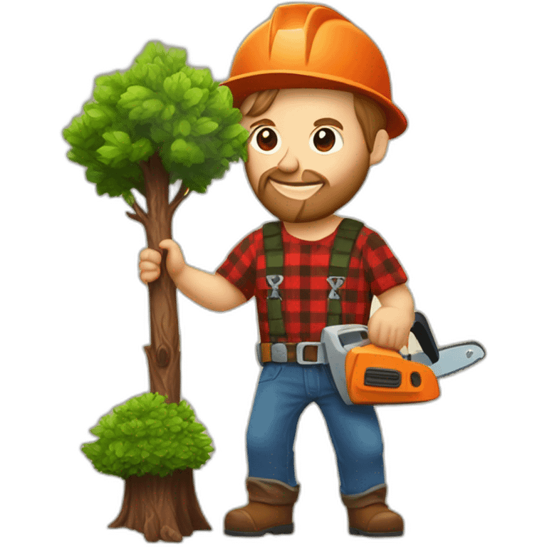 Lumber jack with a baby tree in one hand and chain saw in the other hand emoji