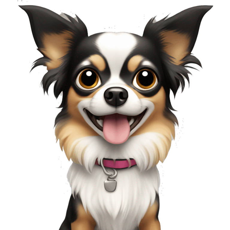 black white and tan long-haired chihuahua looking surprised emoji