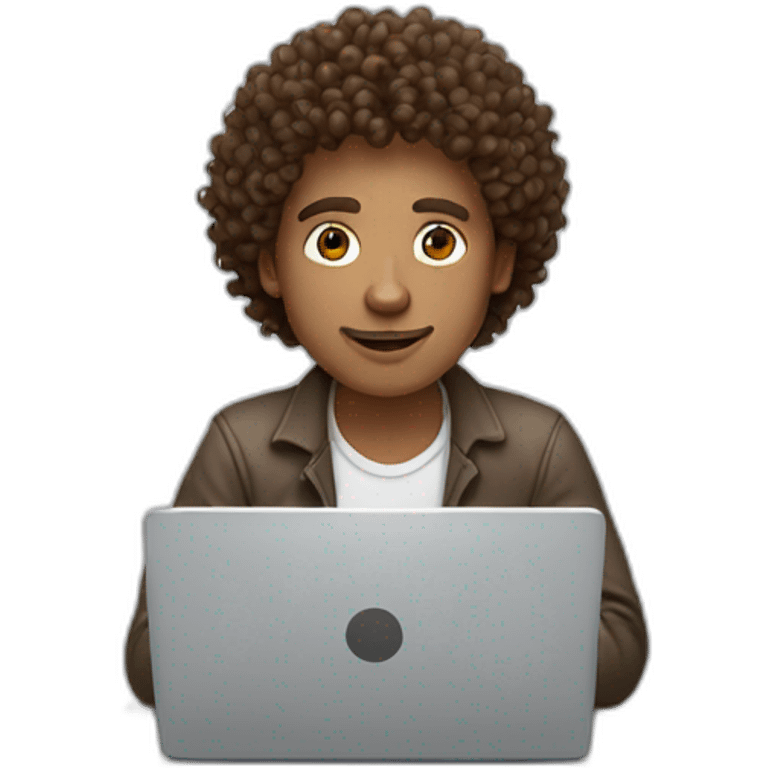 brown curly hair white skin man working on laptop emoji