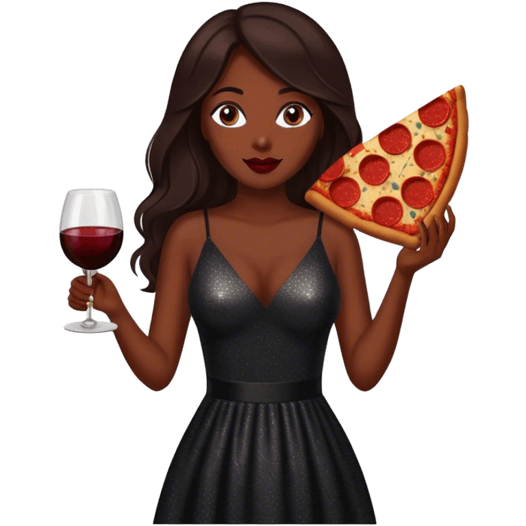 Beautiful woman in 1950’s woman fashion look, black shimmery dress, long dark brown hair, red wine, Pepperoni pizza emoji