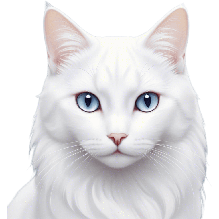 Cinematic Noble White Cat Portrait Emoji, Poised and stately, with a pristine, snow-white fur accented by delicate hints of silver, refined whiskers and a serene, focused gaze, simplified yet impeccably detailed, glowing with an ethereal radiance and timeless elegance, high shine, exuding calm intelligence and regal simplicity, soft glowing outline, capturing the essence of a noble white cat that radiates quiet majesty! emoji