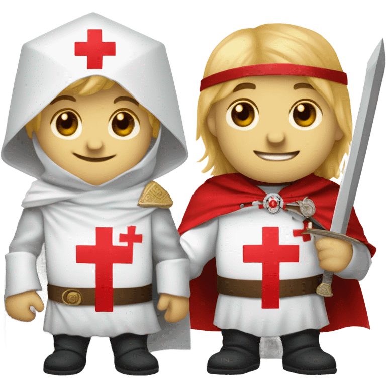 blond haired Masonic knight Templar wearing a white tunic with a Red Cross on the front and a white mantle with a hood with a Red Cross on the left side and a male face with a red cap and holding a sword. emoji