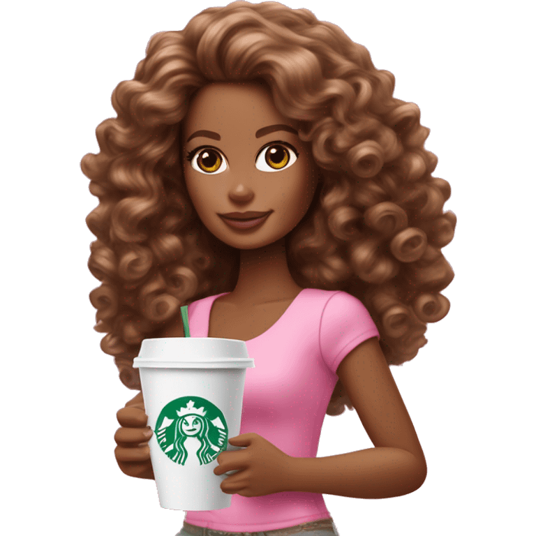 Barbie girl with brown long curly hair holding Pink starbucks refresher emoji