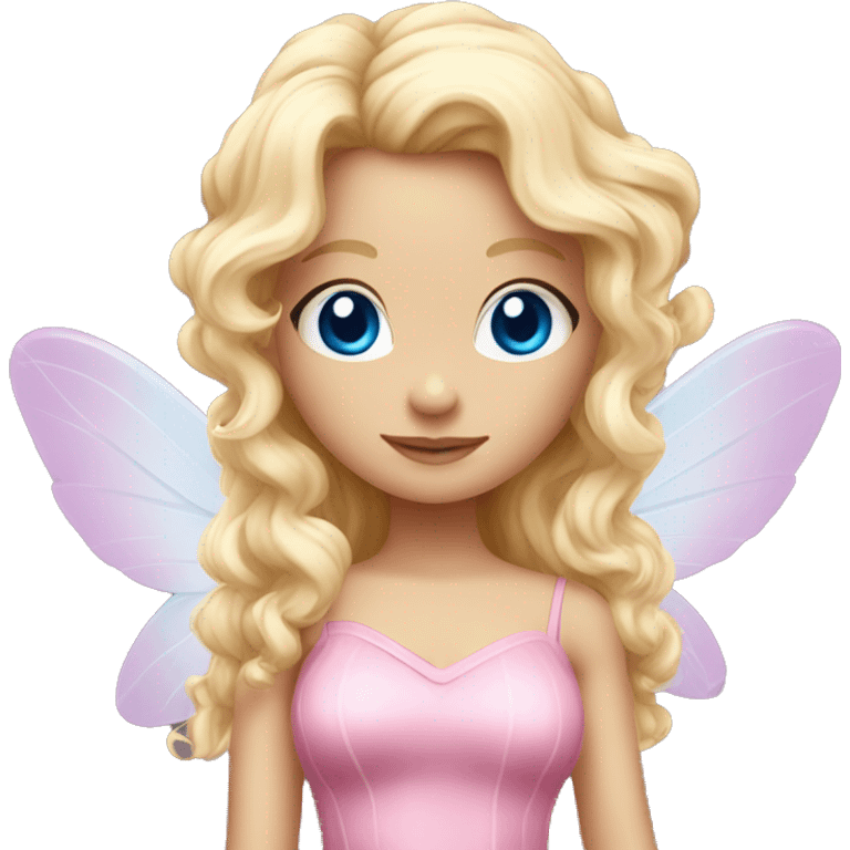 Fairy, a blonde hair with blue eyes and a pink dress with sparkly wings. White wings. The fairy has long, curly hair with a lot of volume emoji